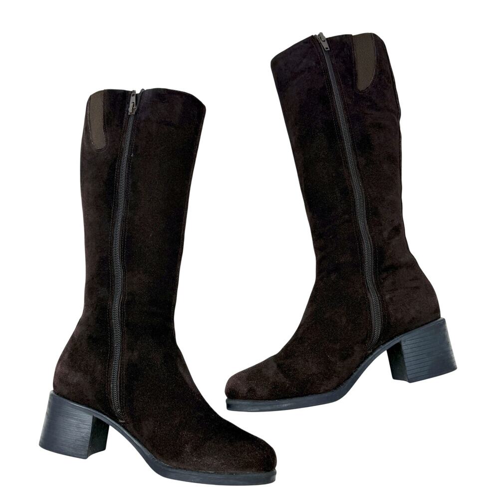 Vintage Y2K Kikit Brown Leather Square Toe Knee High Boots Women's 6.5 Side Zip - Picture 5 of 9
